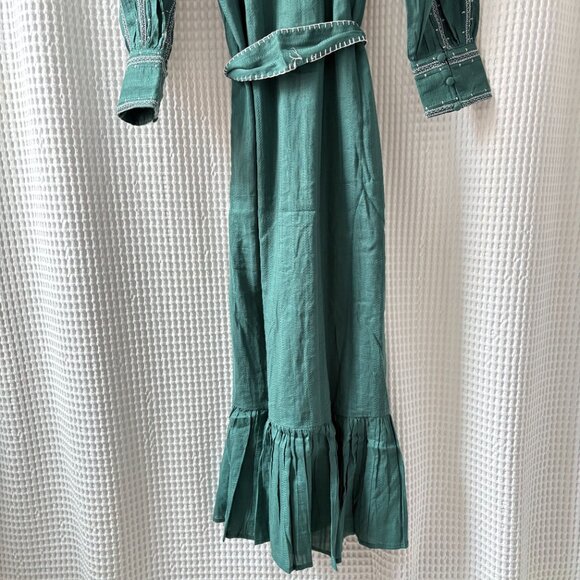 Ex Voto Sutton emerald green embroidered belted cotton maxidress women's small - Picture 4 of 11